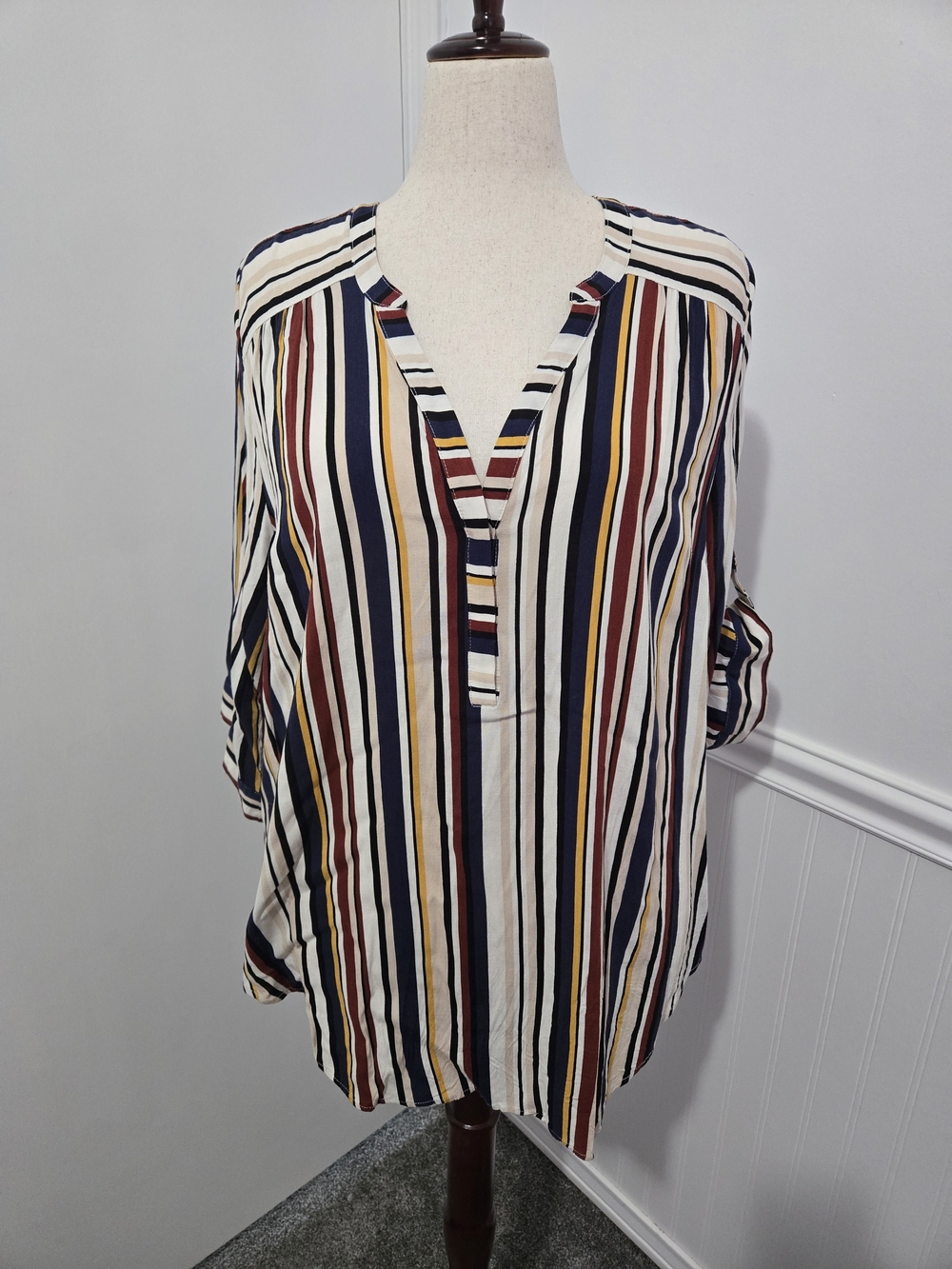 Torrid Striped V-Neck Roll-Sleeve Blouse - Multicolor
